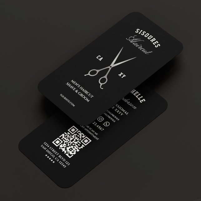 Barbershop Black Silver Scissors Barber Elegant Visitenkarte (Barbershop Black Silver Scissors Barber Elegant Business Card
)