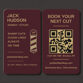 Barbershop Burgundy Gold Barber Haircut QR Code Visitenkarte