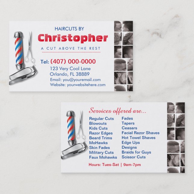 Barbershop Business Card Barber Pol, Clippers com Visitenkarte (Vorne/Hinten)
