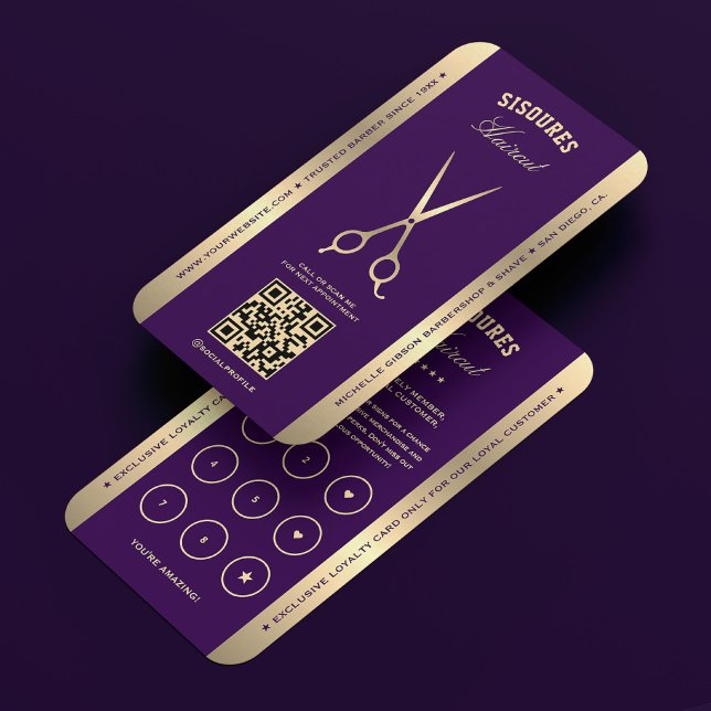 Barbershop Dark Purple Barber Loyalty Card Visitenkarte (Barber dark purple gold scissors loyalty business card)
