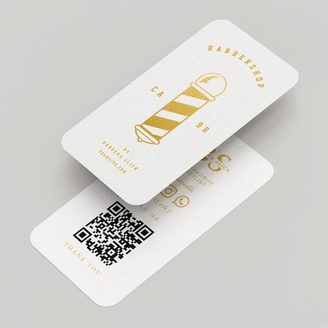 Barbershop Gold Barber Pole Weißer Minimal Moderne Visitenkarte (Barbershop Gold Barber Pole White Minimal Modern Business Card
)