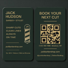 Barbershop Green Gold Barbier Frisur QR Code Visitenkarte