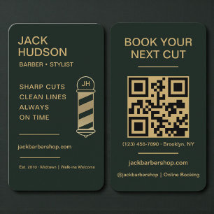Barbershop Green Gold Barbier Frisur QR Code Visitenkarte
