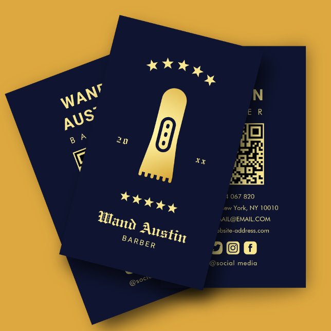 Barbershop Hair Clipper Navy And Gold Qr Code  Visitenkarte (Von Creator hochgeladen)