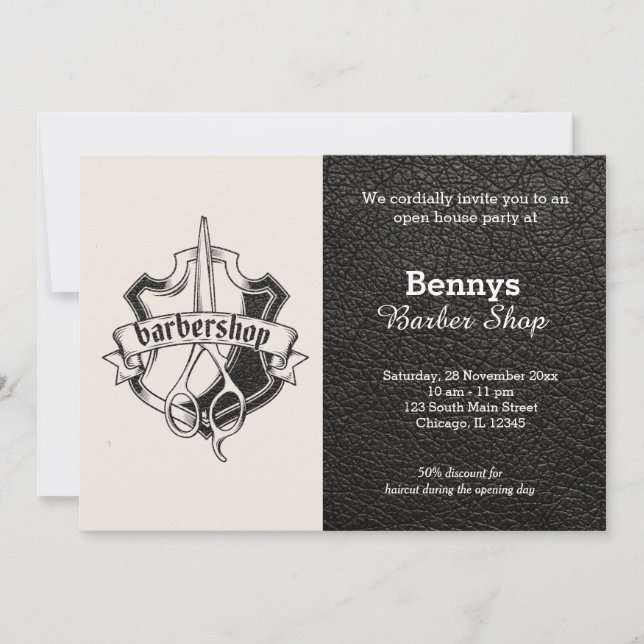 Barbershop Leder sieht geöffnet aus Einladung (Vorderseite)