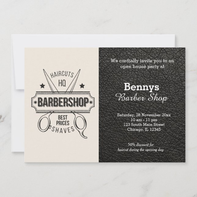 Barbershop Leder sieht geöffnet aus Einladung (Vorderseite)
