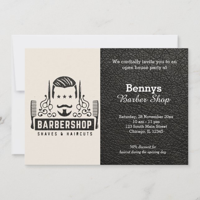 Barbershop Leder sieht geöffnet aus Einladung (Vorderseite)