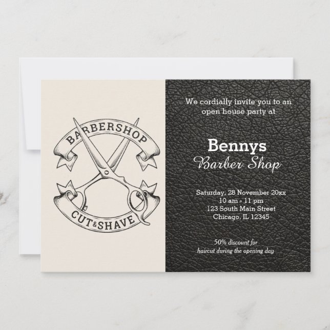 Barbershop Leder sieht geöffnet aus Einladung (Vorderseite)
