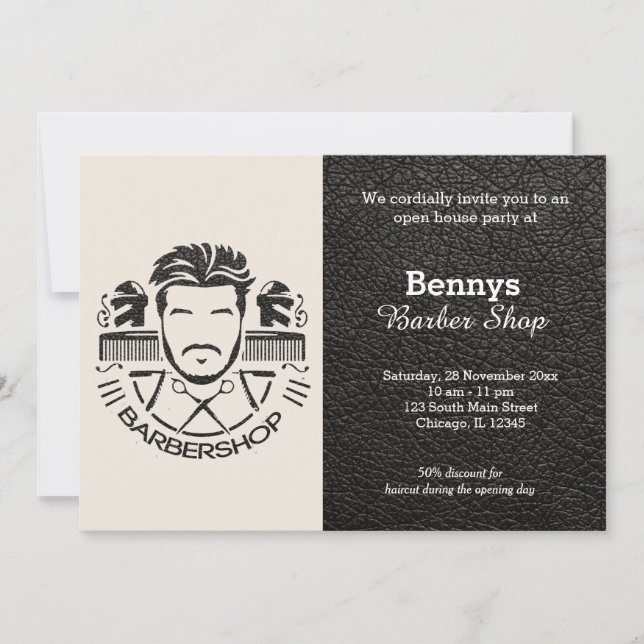 Barbershop Leder sieht geöffnet aus Einladung (Vorderseite)