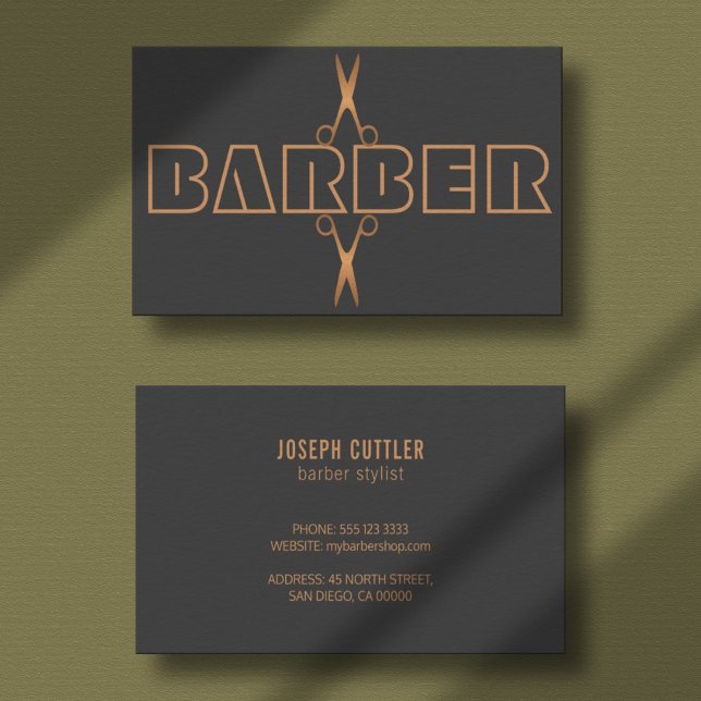 Barbershop moderne Logo-Schrift aus Kupfer grau Visitenkarte (Von Creator hochgeladen)