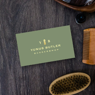 Barbershop Monogram Sage Green Gold Barber Pole Visitenkarte