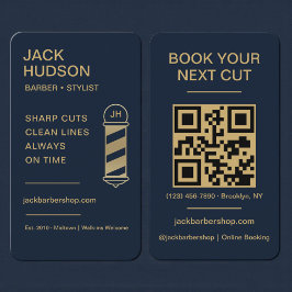 Barbershop Navy Blau Gold Friseur QR Code Visitenkarte