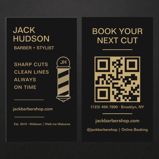 Barbershop QR Code Black Gold Barber Haircut  Visitenkarte (Von Creator hochgeladen)