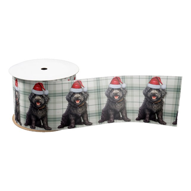 Barbet Black Dog Urlaub Kariert Weihnachten Satinband (Spule)