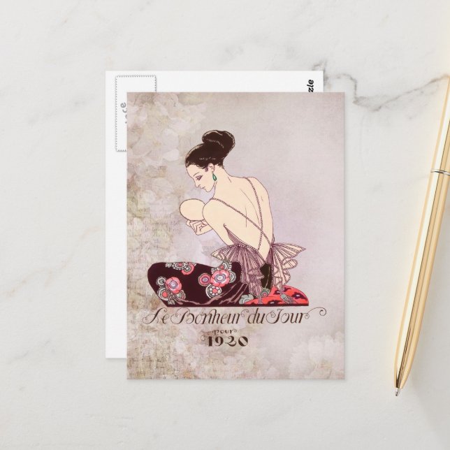 Barbier French Fashion Image Le Bonheur du Jour Postkarte (Vorderseite/Rückseite Beispiel)