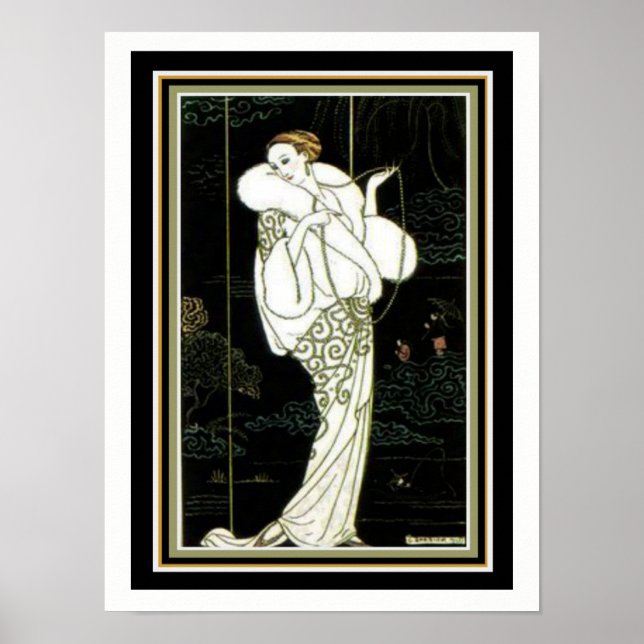 Barbier "White Fur" Art Deco Mode Print 12 x 16 Poster (Vorne)