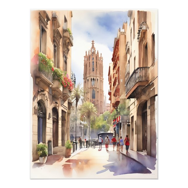 Barcelona Aquarellkunst Fotodruck (Vorne)