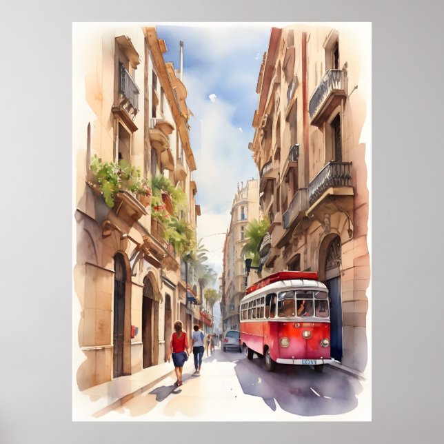 Barcelona Aquarellkunst Poster (Vorne)