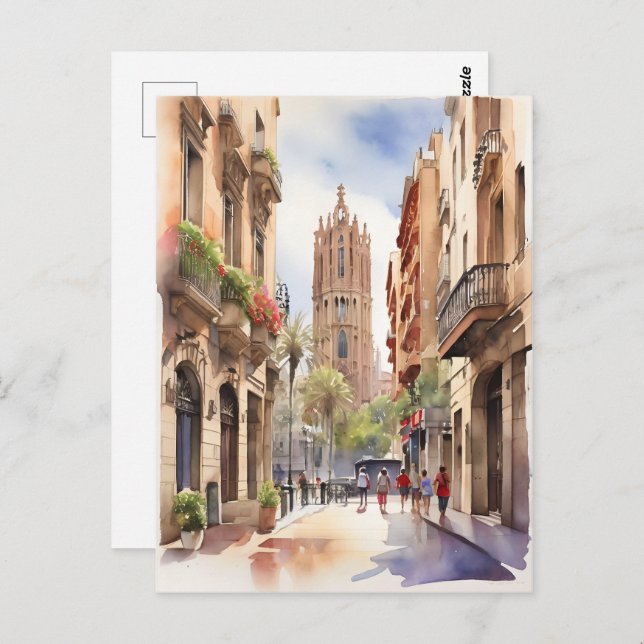 Barcelona Aquarellkunst Postkarte (Vorne/Hinten)