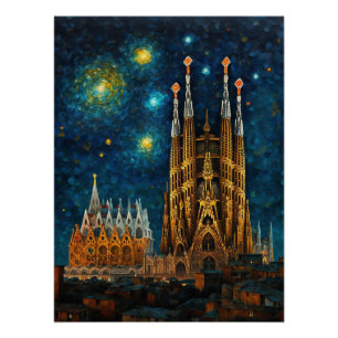 Barcelona Basilika Sagrada Família Sternennacht Poster