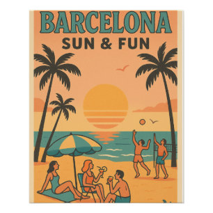 Barcelona Beach & Sun - Retro Travel Poster