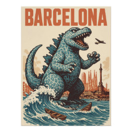 Barcelona City Monster Attack Art Print - Kaiju Poster
