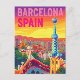 Barcelona Gaudi Sunset Retro Postkarte