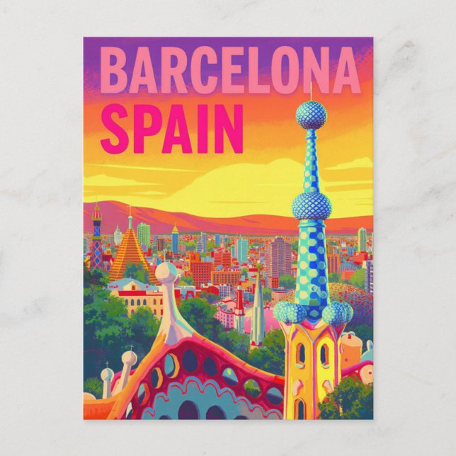 Barcelona Gaudi Sunset Retro Postkarte (Vorderseite)