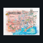 Barcelona Illustrierte Reisekarte mit Hauptstrasse Postkarte<br><div class="desc">Illustrierte Karte Barcelona mit Hauptstraßen,  Sehenswürdigkeiten und Highlights</div>