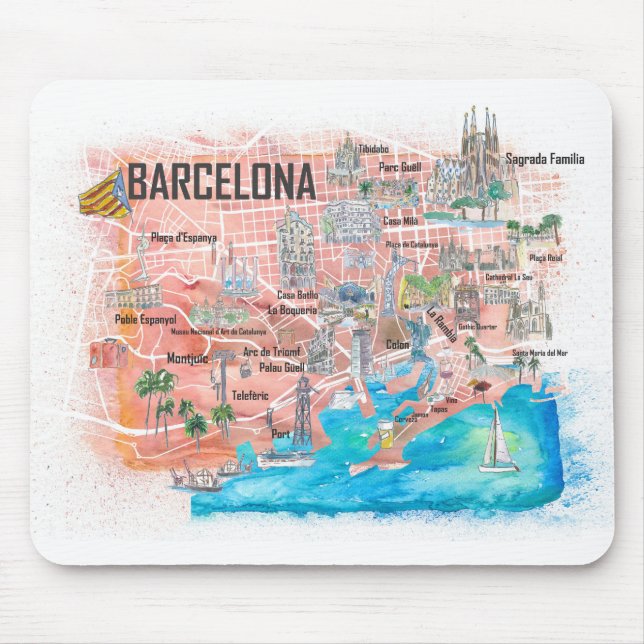 Barcelona Illustrierte Reisekarte mit Straßen Mousepad (Vorne)