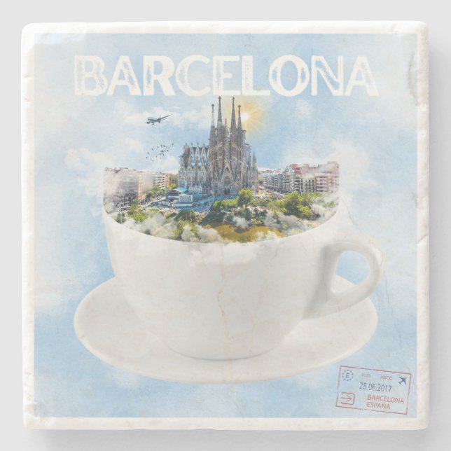 Barcelona im Teacup - Sagrada Familia Skyline Steinuntersetzer (Vorderseite)