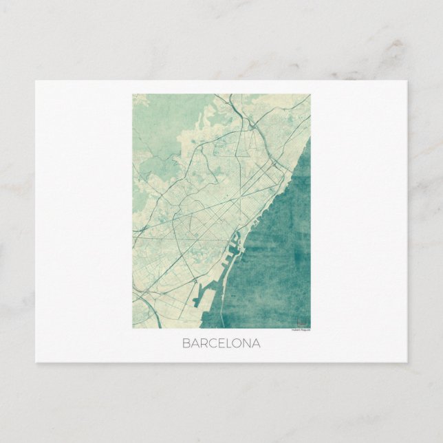 Barcelona Karte Blau Vintage Farbe (Vorderseite)