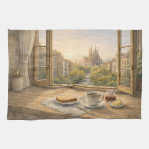 Barcelona Küche Morgen Aquarell mit Sagrada  Geschirrtuch