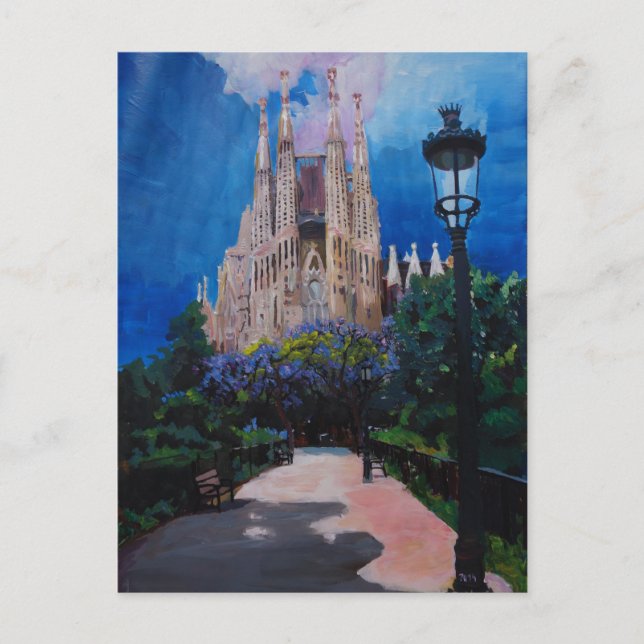 Barcelona Sagrada Familia mit Park und Lantern Postkarte (Vorderseite)