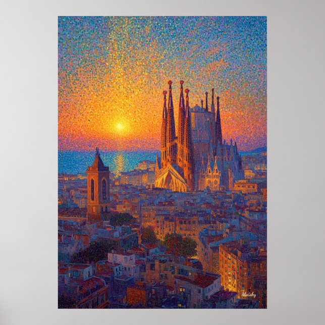 Barcelona Sagrada Familia Pointillism Sunset Art Poster (Vorne)