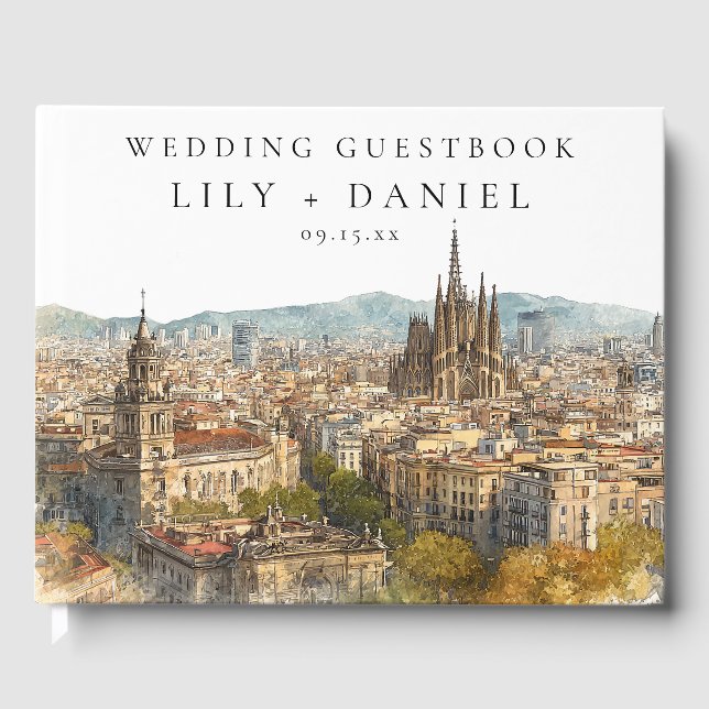 Barcelona-Skyline-Aquarell-Hochzeit Gästebuch (Vorderseite)