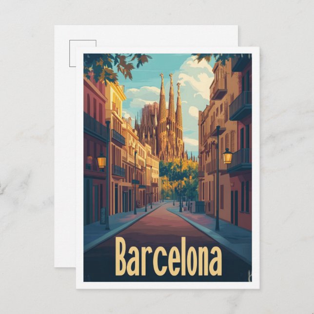 Barcelona Spanien Art Vintage Reise Illustration Postkarte (Vorne/Hinten)