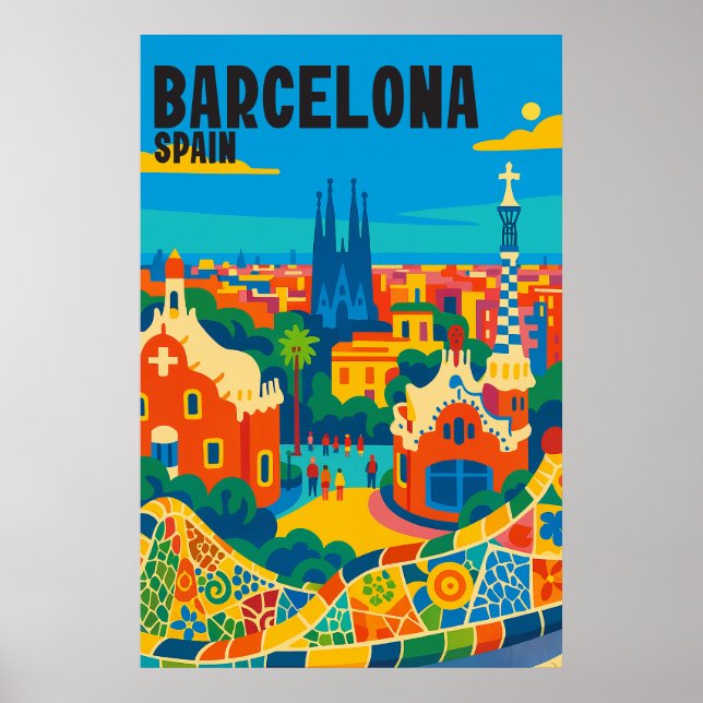 Barcelona Spanien Farbige Luftansicht Reise Poster (Vorne)