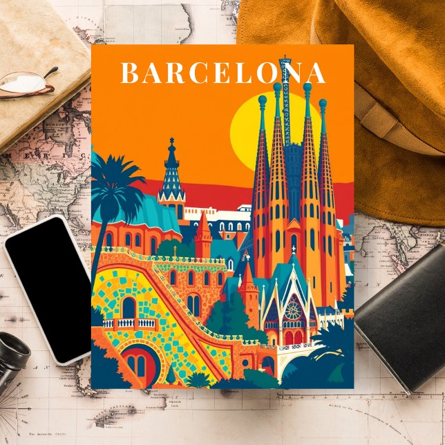 Barcelona Spanien Jahrgang Reise Illustration Postkarte (Barcelona Spain Vintage Travel Illustration Postcard)