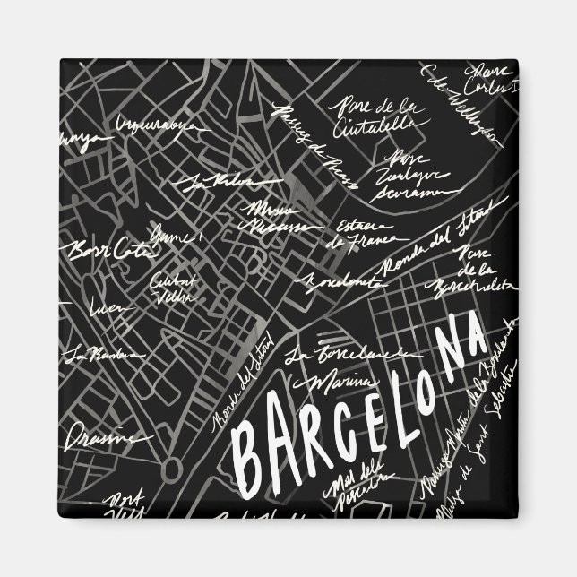 Barcelona Spanien Karte Magnet - Schwarzer Vintage (Vorne)
