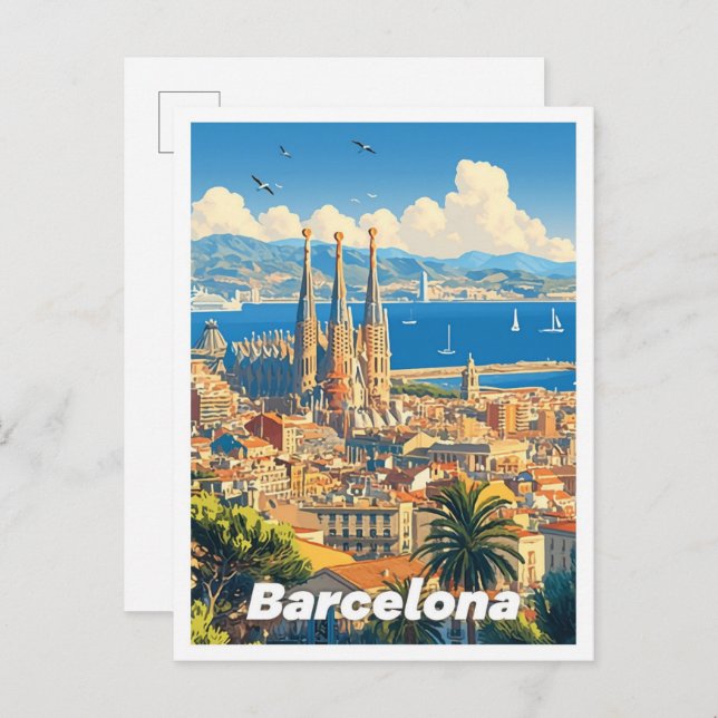 Barcelona Spanien Kunst Vintage Illustration Postkarte (Vorne/Hinten)