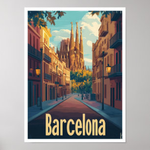 Barcelona Spanien Kunst Vintage Reise Illustration Poster