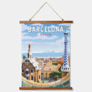 Barcelona Spanien Reise Kunst Vintage Wandteppich Mit Holzrahmen