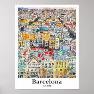 Barcelona Spanien Reise Wasserfarbe Handgezeichnet Poster