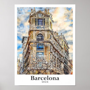 Barcelona Spanien Reise Wasserfarbe Handgezeichnet Poster