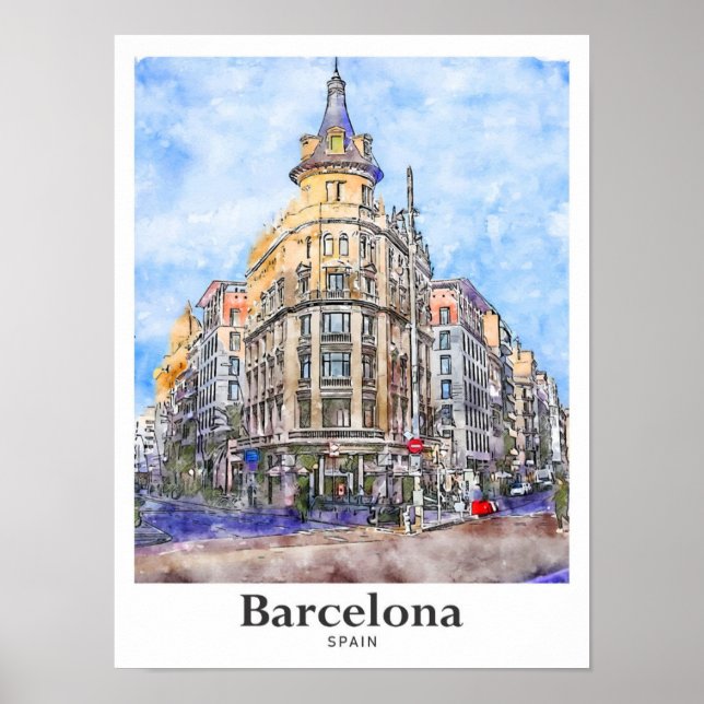 Barcelona Spanien Reisen Wasserfarbenhandzeichnung Poster (Vorne)