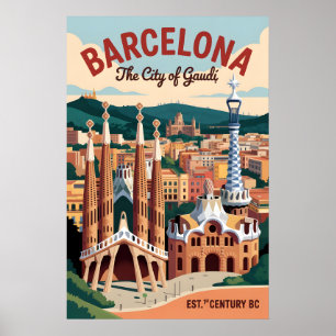 Barcelona Spanien Retro-Silhouette Stadtansicht Re Poster