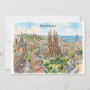 Barcelona Spanien Stadtlandschaft Aquarell-Illustr Karte