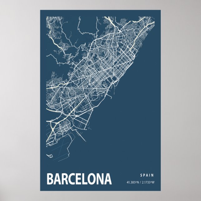 Barcelona Spanien Stadtplan Kunst, Blauen Printwer Poster (Vorne)