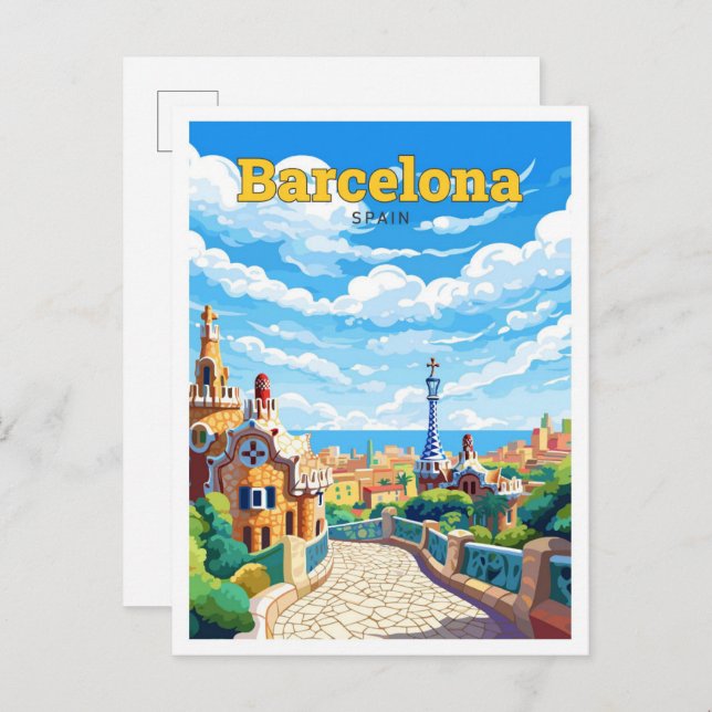 Barcelona Spanien Vintage Illustration Postkarte (Vorne/Hinten)